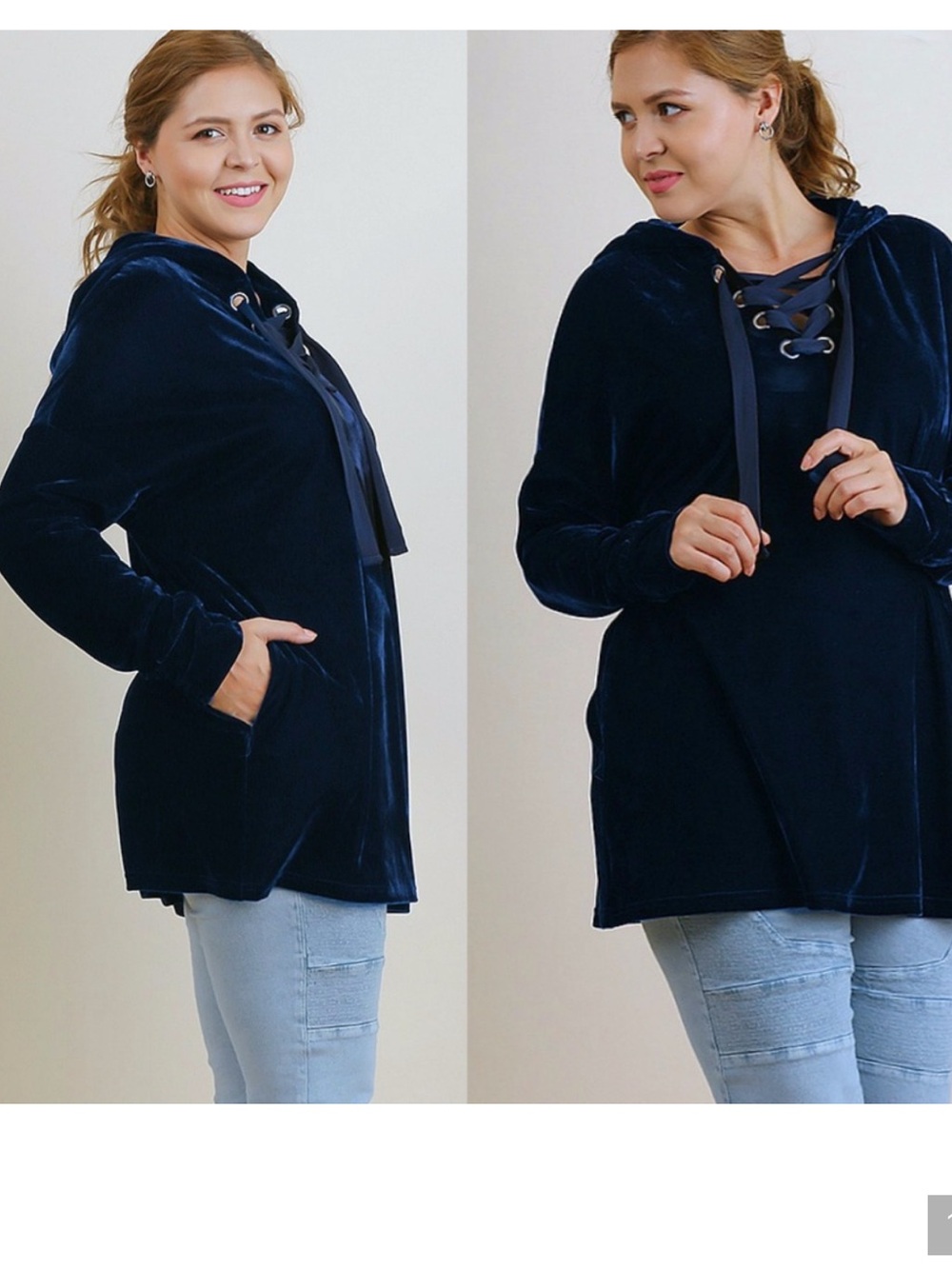 UMGEE Navy Velvet COZY Lace Up Hooded Pocket Tunic